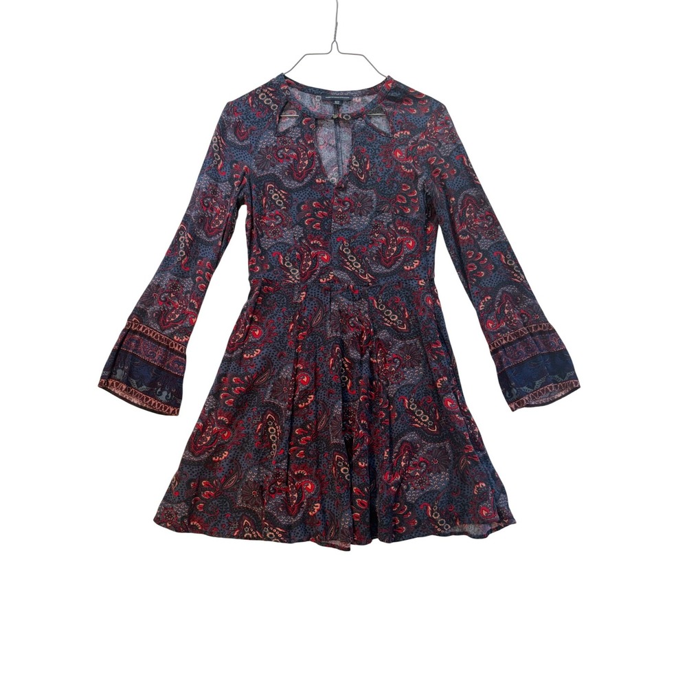 American Eagle Paisley Mini Dress Navy Red Boho Keyhole Long Sleeve XS